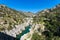 Aerial view of the Devil's Bridge over a narrow gorge of the Herault river in South France