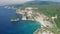 Aerial view of Diamond beach, turquoise ocean, rocks, seascape from air