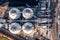 Aerial view directly above large biomass storage tanks at Drax Power Station