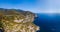Aerial view from distance, general view of the area Riomaggiore. bridge, rocky beach, paradise on earth Province of La Spezia,