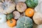 Aerial view of diverse fresh pumpkins