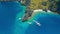 Aerial view of diving boats moored near secret lagoon on Miniloc Island. El-Nido, Palawan. Philippines. Bizarre