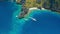 Aerial view of diving boats near secret lagoon on Miniloc Island. El-Nido, Palawan. Philippines. Bizarre limestone rock