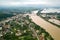 Aerial view of Dnister river with dirty water and  flooded houses in Halych town, western Ukraine