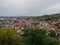 Aerial view of Doboj hilly suburbs from medieval fortress Gradina during overcast summer day