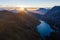 Aerial view of the Dolomites mountain range and Lake Fedaia during dawn. South Tyrol Italy in the fall.