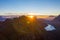 Aerial view of the Dolomites mountain range and Lake Fedaia during dawn. South Tyrol Italy in the fall.