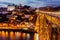 Aerial view of the Dom Luis in the cityscape of Porto at night in Portugal