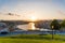 Aerial view of Dom Luis I on Douro River at sunset at Vila Nova de Gaia, Porto, Portugal. Picturesque urban cityscape.