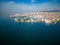 Aerial view of dormant cargo cranes at empty shipping port