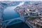 Aerial view of Douro river and Dom Luis I bridge in Porto.