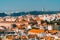 Aerial View Of Downtown Lisbon Skyline Of The Old Historical City And Cristo Rei Santuario Sanctuary Of Christ the King Statue