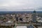 Aerial view of the downtown Mobile, Alabama cityscape and skyline during Mardi Gras on the urban gulf coast Port city