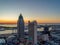 Aerial view of the downtown Mobile, Alabama cityscape and skyline urban waterfront at sunrise