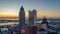 Aerial view of the downtown Mobile, Alabama cityscape and skyline urban waterfront at sunrise