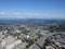 Aerial view of downtown Seattle buildings, Union Lake and I-5 Hi