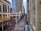 Aerial view of downtown shopping on 6th Avenue in Seattle, featuring Forever 21, Nordstrom, Fidelity, BECU, Mario`s, and others