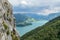 Aerial view from Drachenwand via ferrata klettersteig route above Mondsee lake in Austria, during a climbing Summer holiday trip