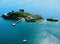 Aerial view of Drake's Island in Plymouth UK showing beach coastline and cliffs