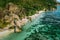 Aerial view of dreamy exotic beach Anse Source d`Argent at La Digue island, Seychelles