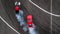 Aerial view drift battle, Two cars drift battle on race track wi
