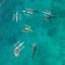 Aerial view from the drone. Fishermen feed gigantic whale sharks Rhincodon typus from boats in the sea in the Philippines,