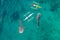 Aerial view from the drone. Fishermen feed gigantic whale sharks Rhincodon typus from boats in the sea in the Philippines,