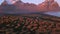 Aerial view drone flight forward and tilt,Vestrahorn mountain at sunset, Stokksnes, Iceland