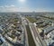 Aerial view from drone of Floating fountains near Bolotnaya square in Moscow, Russia