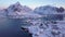 Aerial view drone fly to Reine Village, Lofoten, Norway