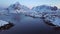 Aerial view drone fly to Reine Village, Lofoten, Norway