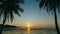 Aerial view drone flying through coconut palm trees to the sea at sunrise