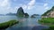 Aerial view Drone flying shot of archipelago small island in Phang Nga bay Thailand located at sametnangshe Beautiful mangrove for