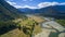 Aerial view with drone of the forests and mountains of the Puelo river basin