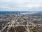 Aerial view from drone of industrial zone with fuming chimneys. Chemical plant