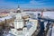 aerial view from drone Kunstkammer, Rostral column, Peter and Paul Fortress and the Palace Bridge across the Neva River in St.