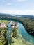 Aerial view by drone over the Rheinau Abbey Islet on Rhine river