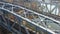 Aerial view of a drone on a railway metal bridge