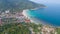 Aerial view from the drone on the sand beach of Haad Rin, Koh Phangan island