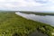 Aerial view drone shot of beautiful natural scenery river in mangrove forest and mountains in phang nga province Thailand