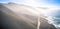 Aerial View Drone Shot of Highway Pacific Coast Highway California USA Big Sur Mountains Ocean Fog Sun