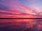 Aerial view of drone shot over water surface in twilight, golden hour sunset. Amazing view, firth surface reflecting