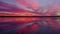 Aerial view of drone slide over water surface in twilight, golden hour sunset. Cinematic shot camera flies over calm