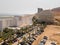 Aerial view from a drone of the tourist hotels and car parks on the Ein Bokek embankment on the coast of the Dead Sea, in Israel