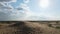 Aerial view from a drone. Woman in a long leopard dress walks along a high dune in the desert with grass in summer in