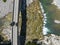 Aerial view. Drought and dry rivers. Roman bridge of Bobbio over the Trebbia river, Piacenza, Emilia-Romagna. Italy