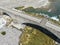 Aerial view. Drought and dry rivers. Roman bridge of Bobbio over the Trebbia river, Piacenza, Emilia-Romagna. Italy