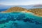 Aerial view of the dry Greek coastline in summer Elounda, Crete