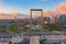 Aerial view of Dubai Frame, Downtown skyline, United Arab Emirates or UAE. Financial district and business area in smart urban