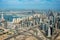 Aerial view of Dubai Marina skyline, road interchange and Palm Jumeirah, UAE